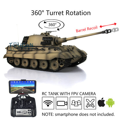 Henglong 1/16 Radio Control Tank TK7.0 King Tiger RC Tank 3888A w/ FPV 360 Degrees Rotating Turret Metal Road Wheels Smoking