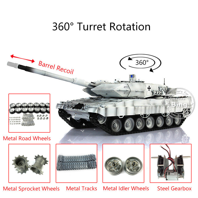 Henglong 1/16 TK7.0 Customized Leopard2A6 RC Tank Model 3889 w/ Metal Tracks Road Wheels 360 Degrees Rotating Turret Engine Sound