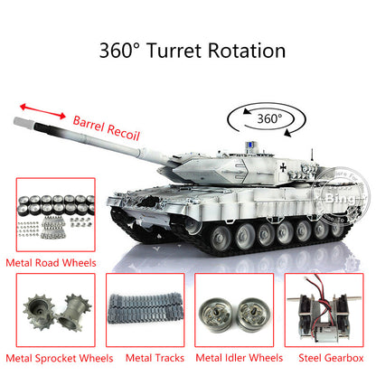 Henglong 1/16 TK7.0 Customized Leopard2A6 RC Tank Model 3889 w/ Metal Tracks Road Wheels 360 Degrees Rotating Turret Engine Sound