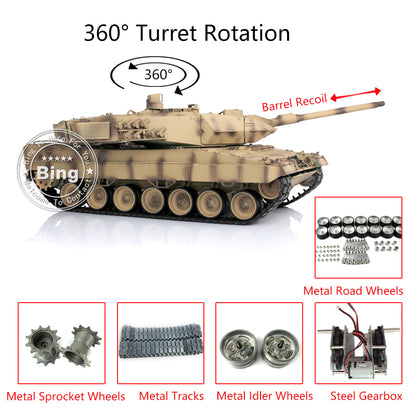 Henglong 1/16 TK7.0 Customized Leopard2A6 RC Tank Model 3889 w/ Metal Tracks Road Wheels 360 Degrees Rotating Turret Engine Sound