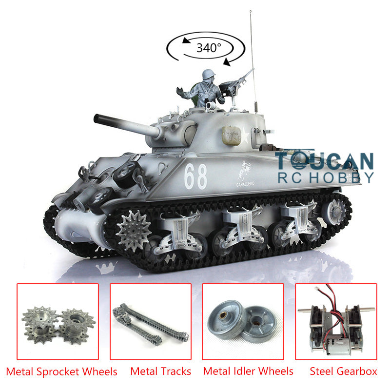 2.4G Henglong 1/16 Scale 7.0 Upgraded M4A3 Sherman RTR Radio Control Tank Model 3898 Metal Tracks Engine Sound BB Shooting Gearbox