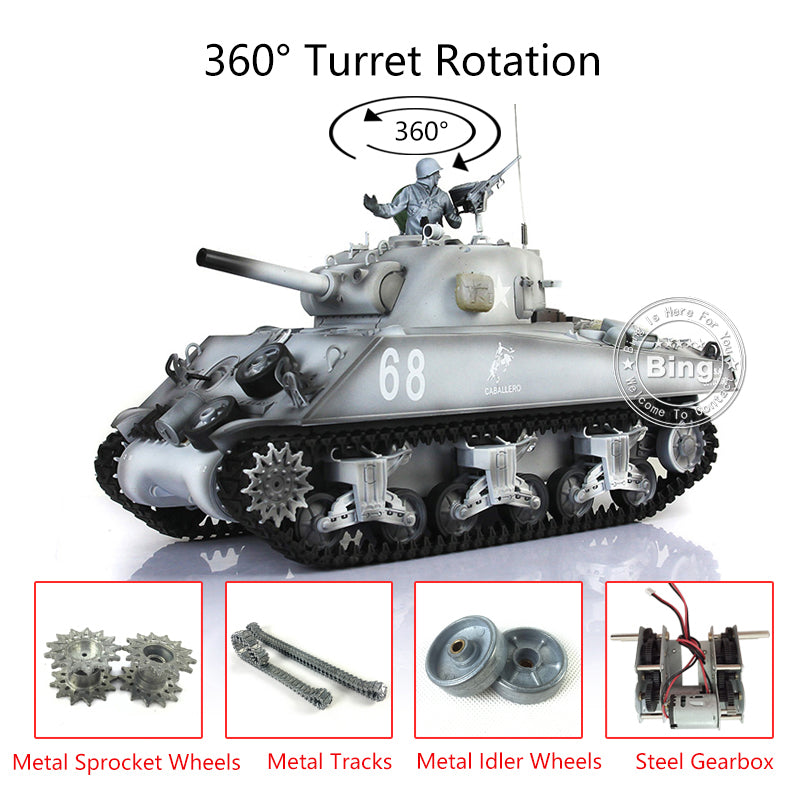 Henglong 1/16 TK7.0 Upgraded M4A3 Sherman Remote Control Tank 3898 W/ 360 Degrees Rotating Turret Metal Tracks Idler Sprocket Wheel