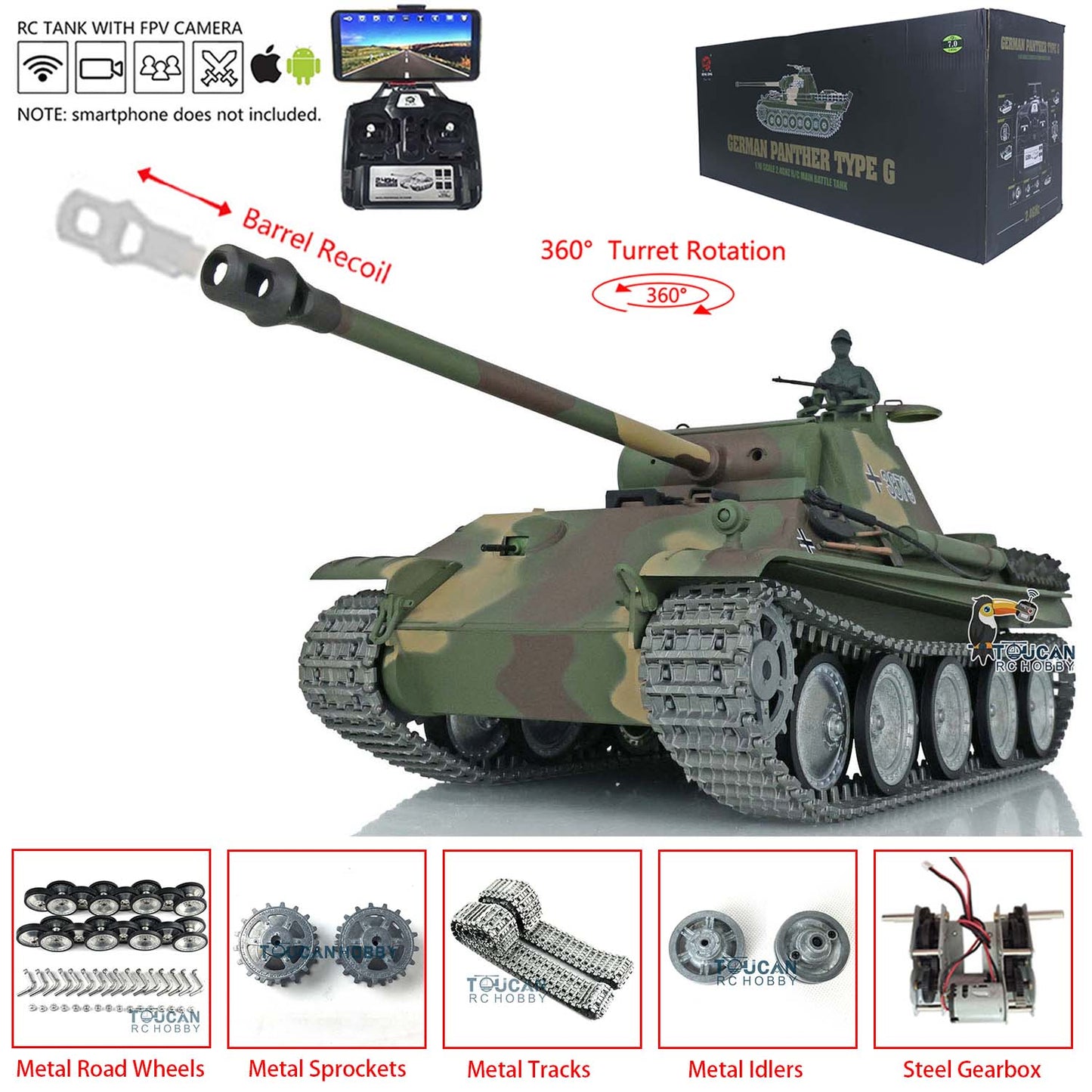 Henglong 1/16 Radio Control Tank 3879 TK7.0 ARTR German Tank Panther G w/ 360 Degrees Rotating Turret Metal Track Road Wheel