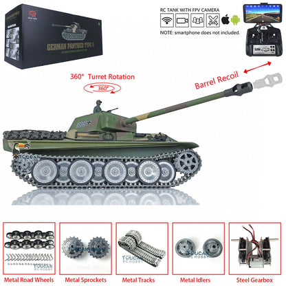 Henglong 1/16 Radio Control Tank 3879 TK7.0 ARTR German Tank Panther G w/ 360 Degrees Rotating Turret Metal Track Road Wheel