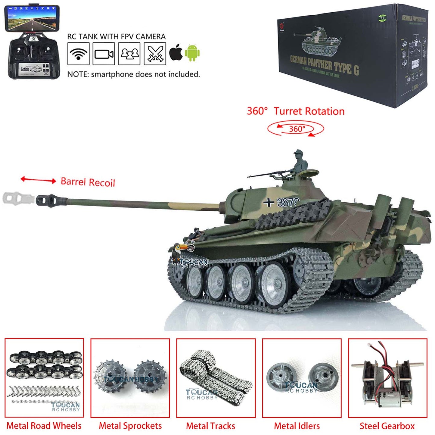 Henglong 1/16 Radio Control Tank 3879 TK7.0 ARTR German Tank Panther G w/ 360 Degrees Rotating Turret Metal Track Road Wheel