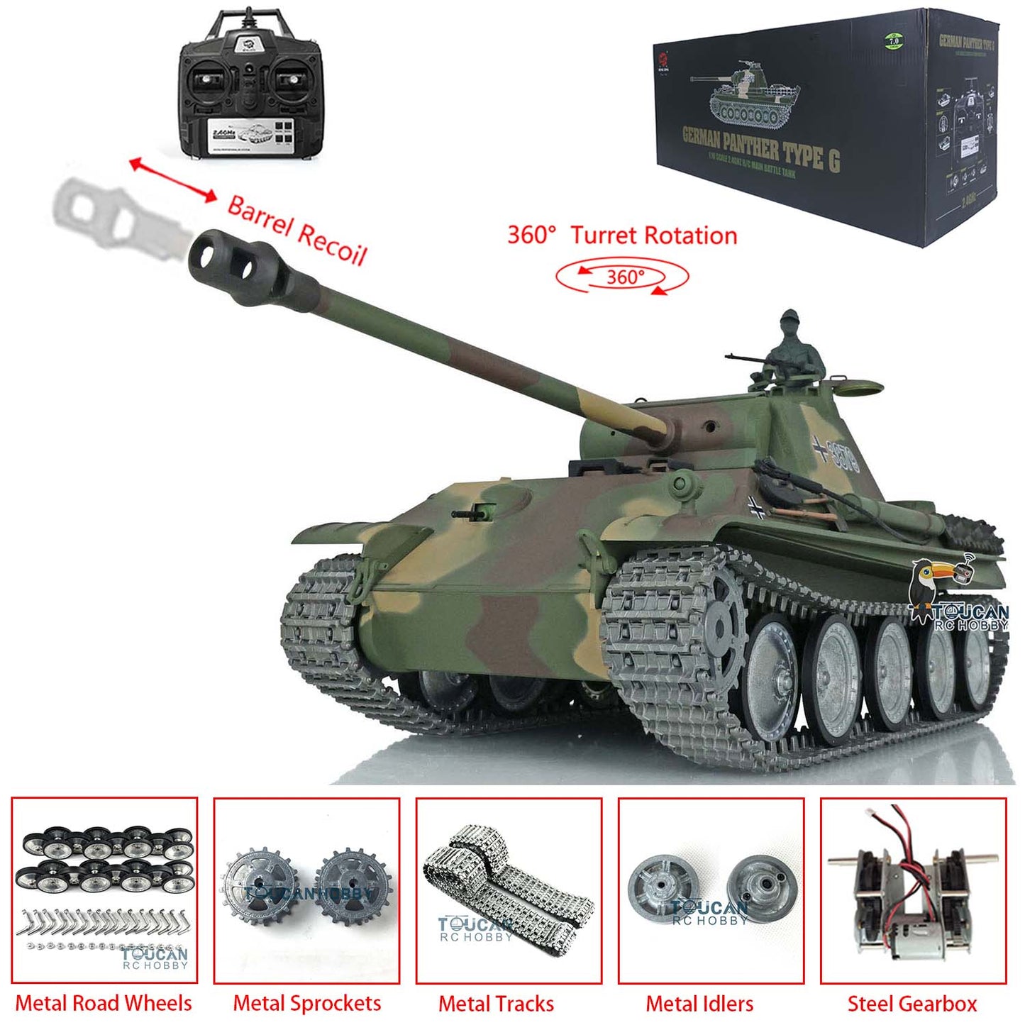 Henglong 1/16 RC Tank TK7.0 3879 Customized German Tank Panther G RTR Tank w/ 360 Degrees Rotating Turret Metal Road Wheel