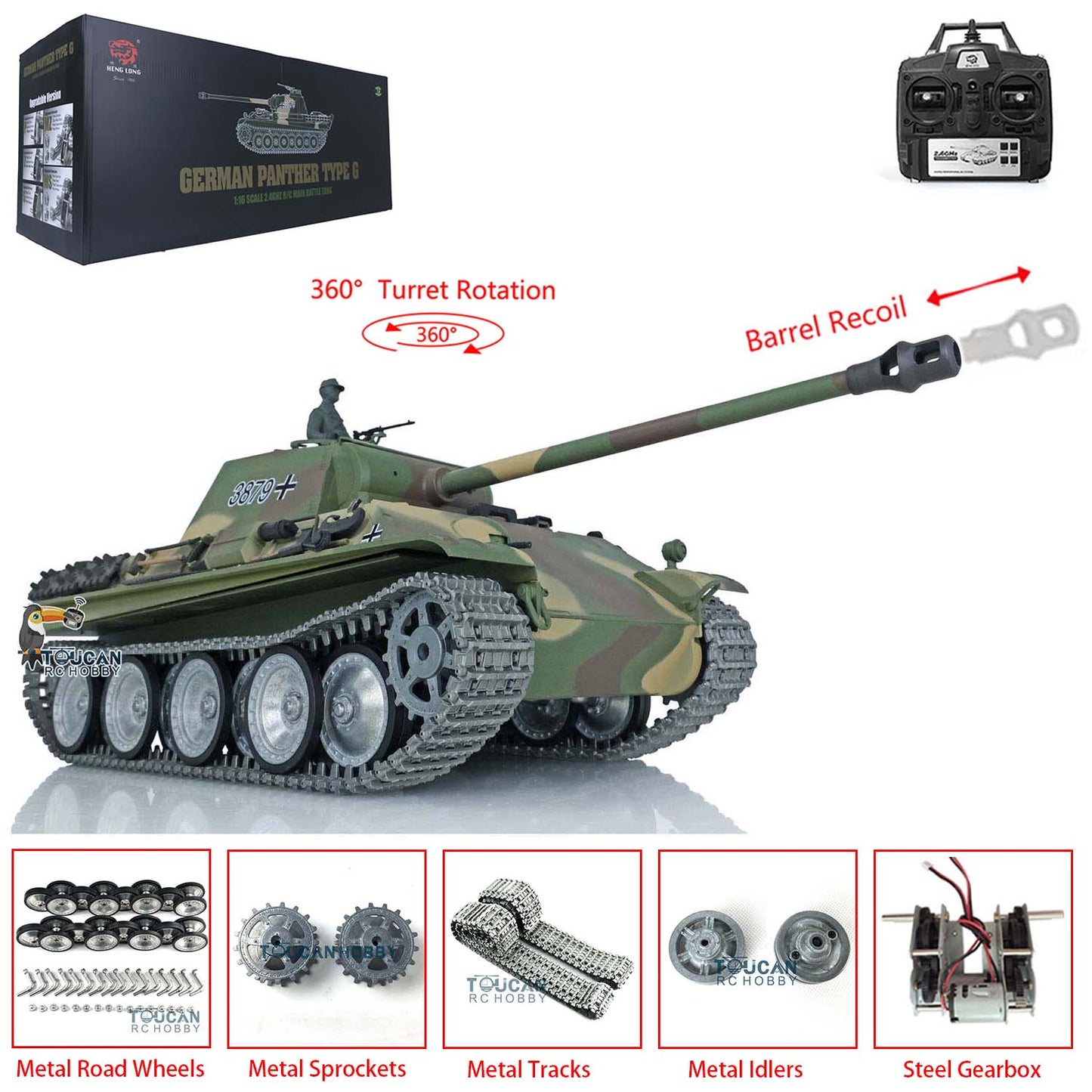 Henglong 1/16 RC Tank TK7.0 3879 Customized German Tank Panther G RTR Tank w/ 360 Degrees Rotating Turret Metal Road Wheel