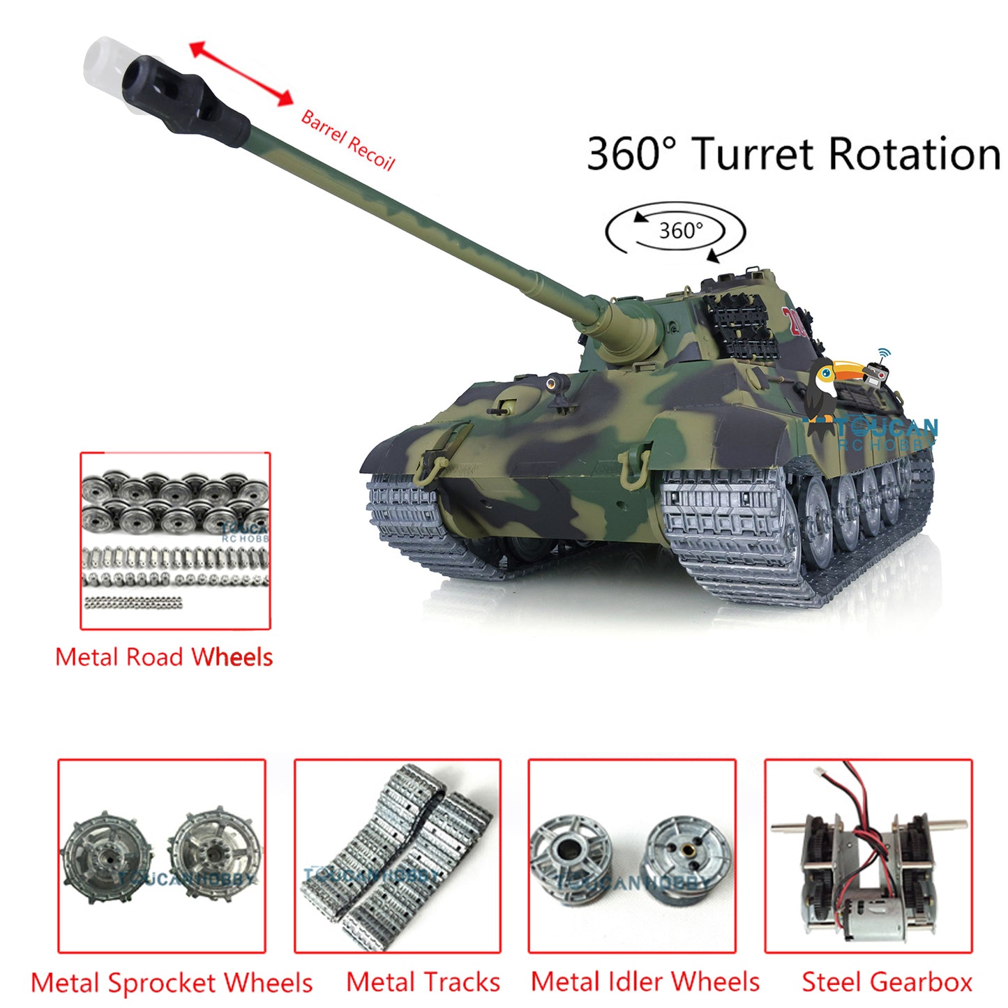 Henglong 1/16 RC Tank 3888A TK7.0 King Tiger Remote Control Tank w/ 360 Degrees Rotating Turret Metal Road Wheel Engine Sound