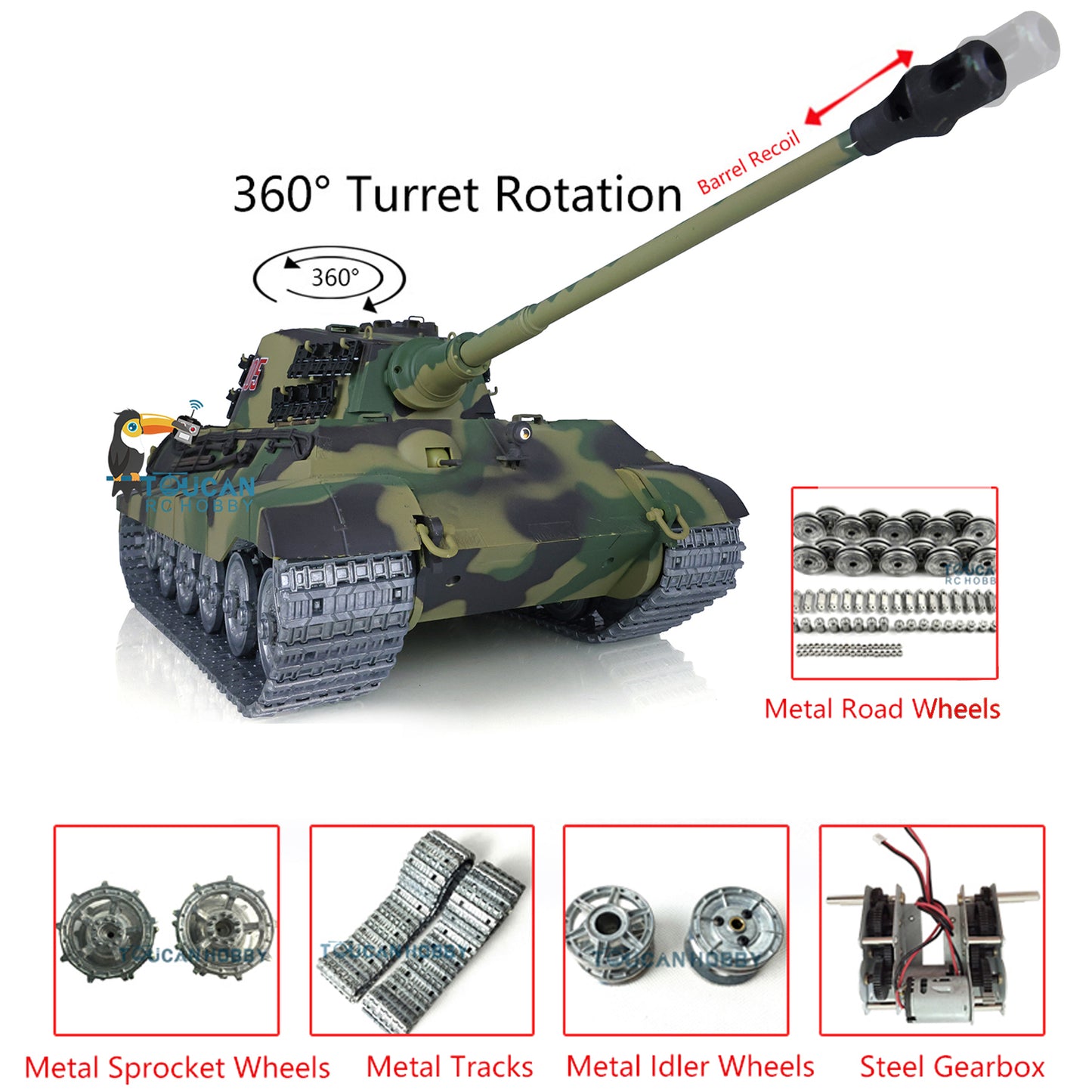 Henglong 1/16 RC Tank 3888A TK7.0 King Tiger Remote Control Tank w/ 360 Degrees Rotating Turret Metal Road Wheel Engine Sound