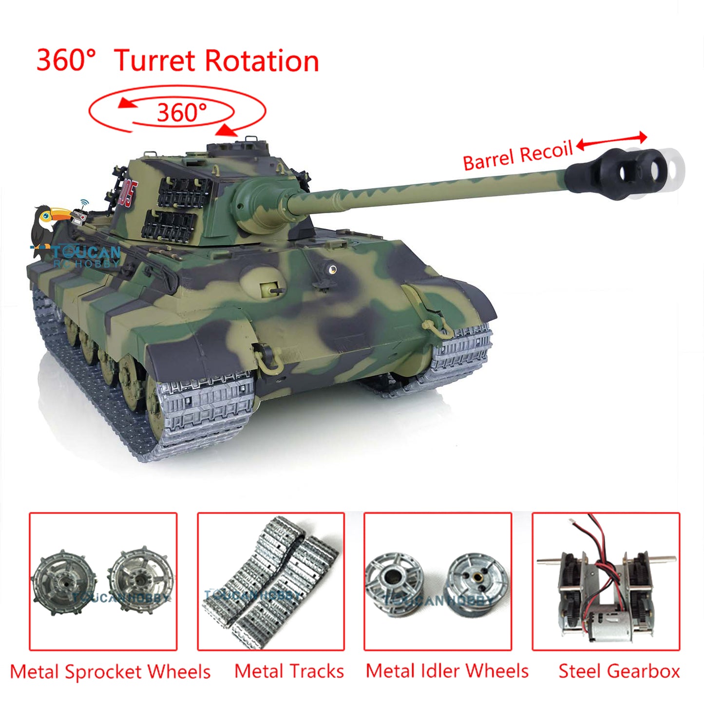 Henglong 1/16 TK7.0 Upgraded King Tiger RC Tank Model 3888A w/ 360 Degrees Rotating Turret Metal Track Idler Sprocket Wheels Smoking