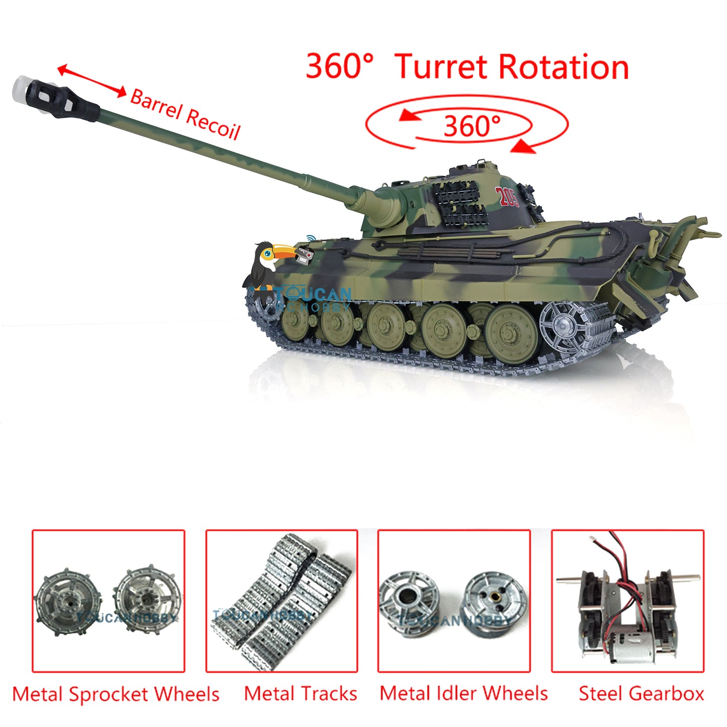 Henglong 1/16 TK7.0 Upgraded King Tiger RC Tank Model 3888A w/ 360 Degrees Rotating Turret Metal Track Idler Sprocket Wheels Smoking