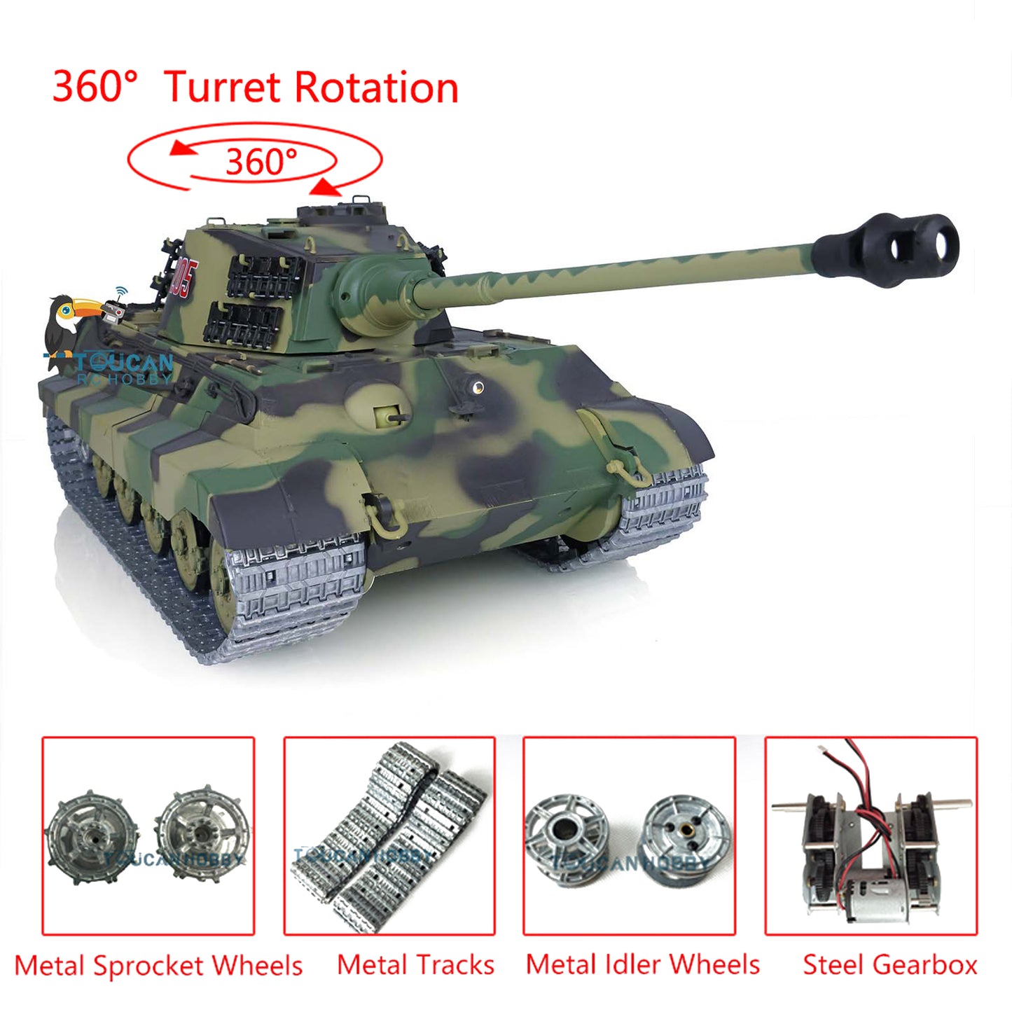 Henglong 1/16 TK7.0 Radio Control Tank German King Tiger Upgraded 3888A RC Tank 360 Degrees Rotating Turret Metal Tracks BB Shooting