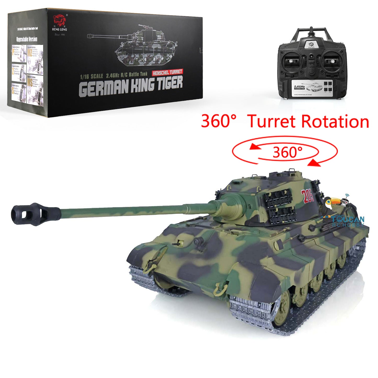 Henglong 1/16 TK7.0 Radio Control Tank German King Tiger Upgraded 3888A RC Tank 360 Degrees Rotating Turret Metal Tracks BB Shooting