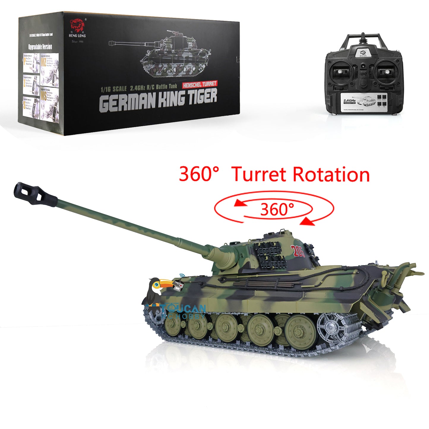 Henglong 1/16 TK7.0 Radio Control Tank German King Tiger Upgraded 3888A RC Tank 360 Degrees Rotating Turret Metal Tracks BB Shooting