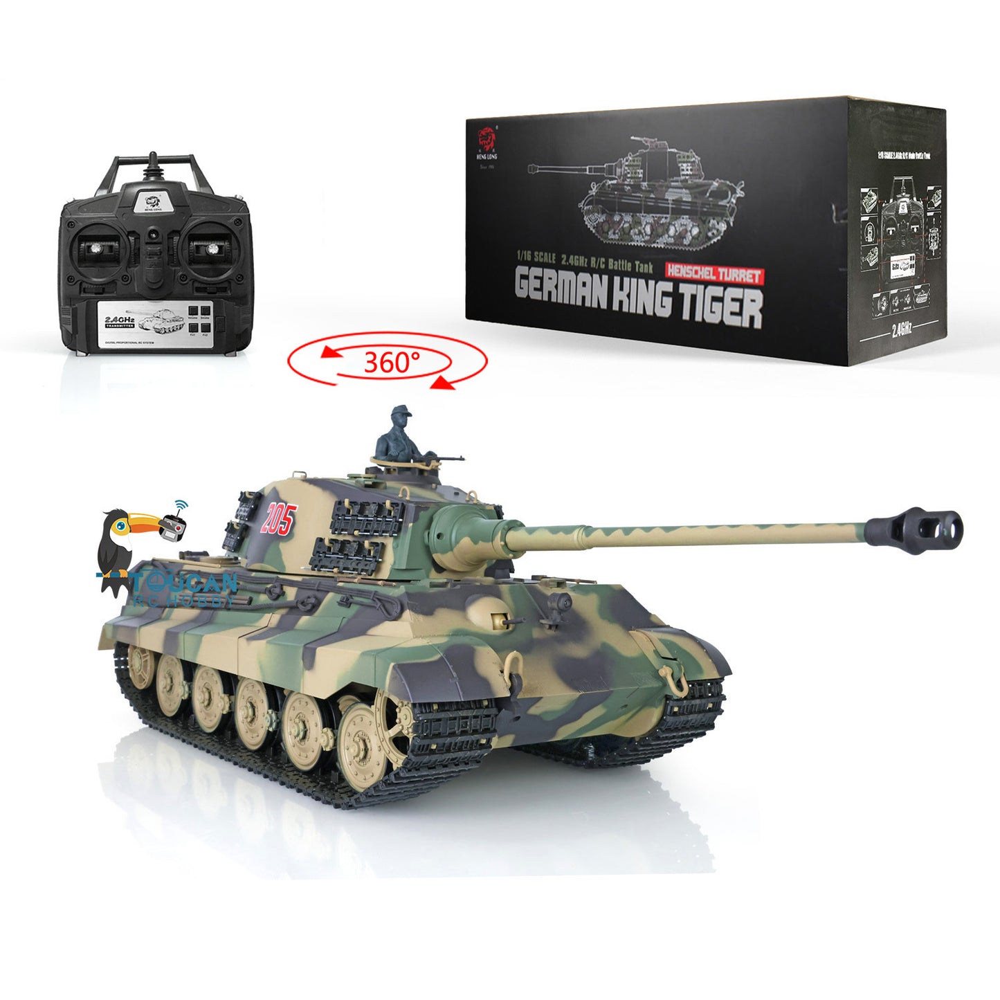 Henglong 1/16 Remote Control Tank Model 3888A 7.0 Plastic German King Tiger w/ Barrel Recoil 360 Degrees Rotating Turret Engine Sound