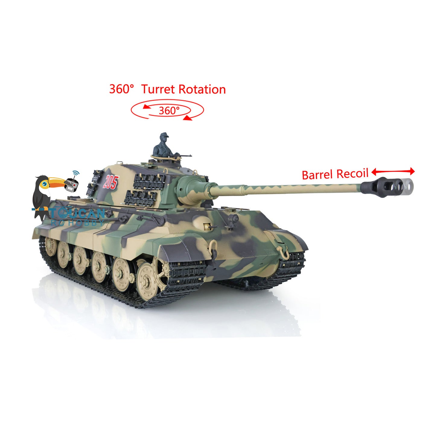 Henglong 1/16 Remote Control Tank Model 3888A 7.0 Plastic German King Tiger w/ Barrel Recoil 360 Degrees Rotating Turret Engine Sound