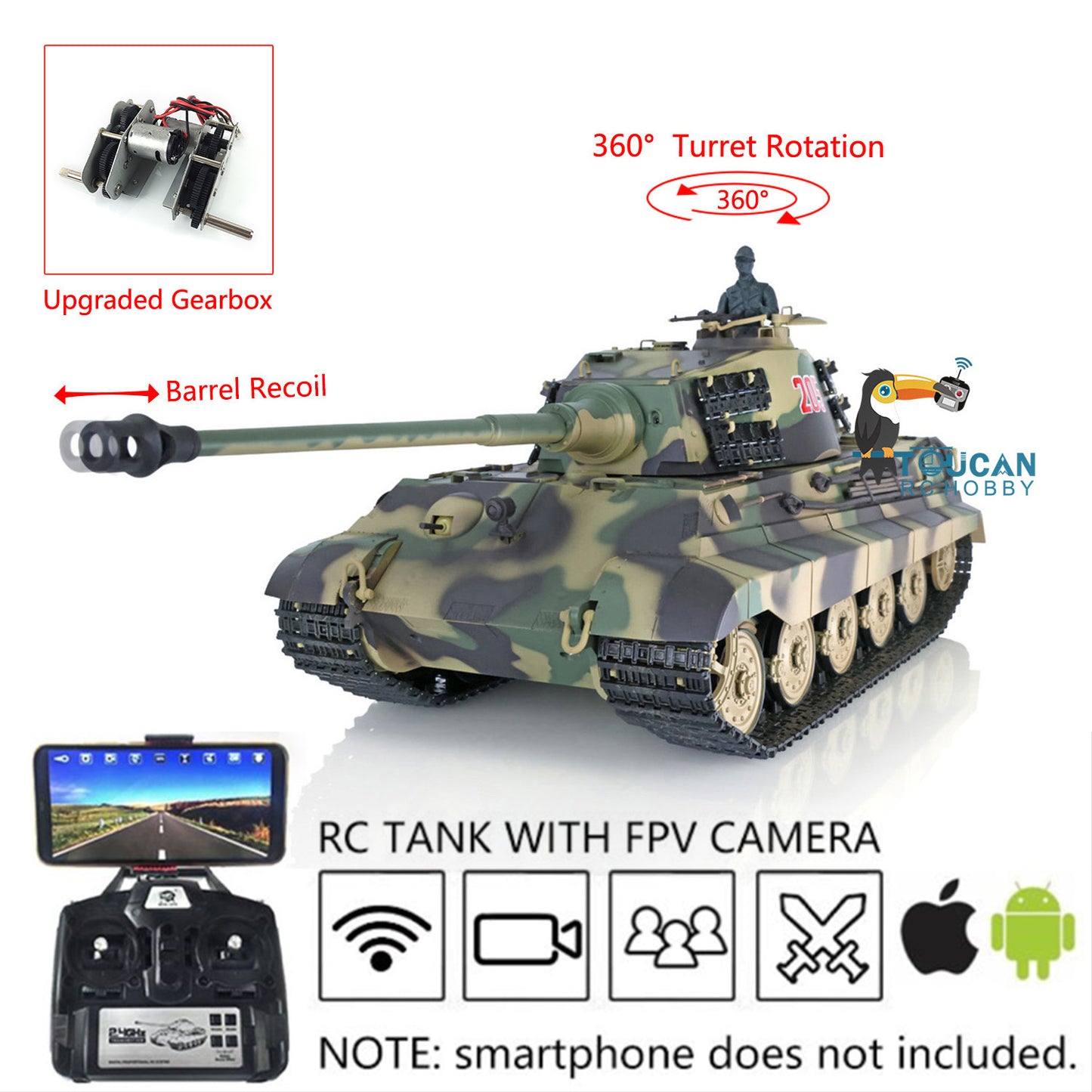 1/16 Henglong TK7.0 RC Tank Model 3888A King Tiger Plastic 2.4G German Tank Model w/ FPV 360 Degrees Rotating Turret Barrel Recoil