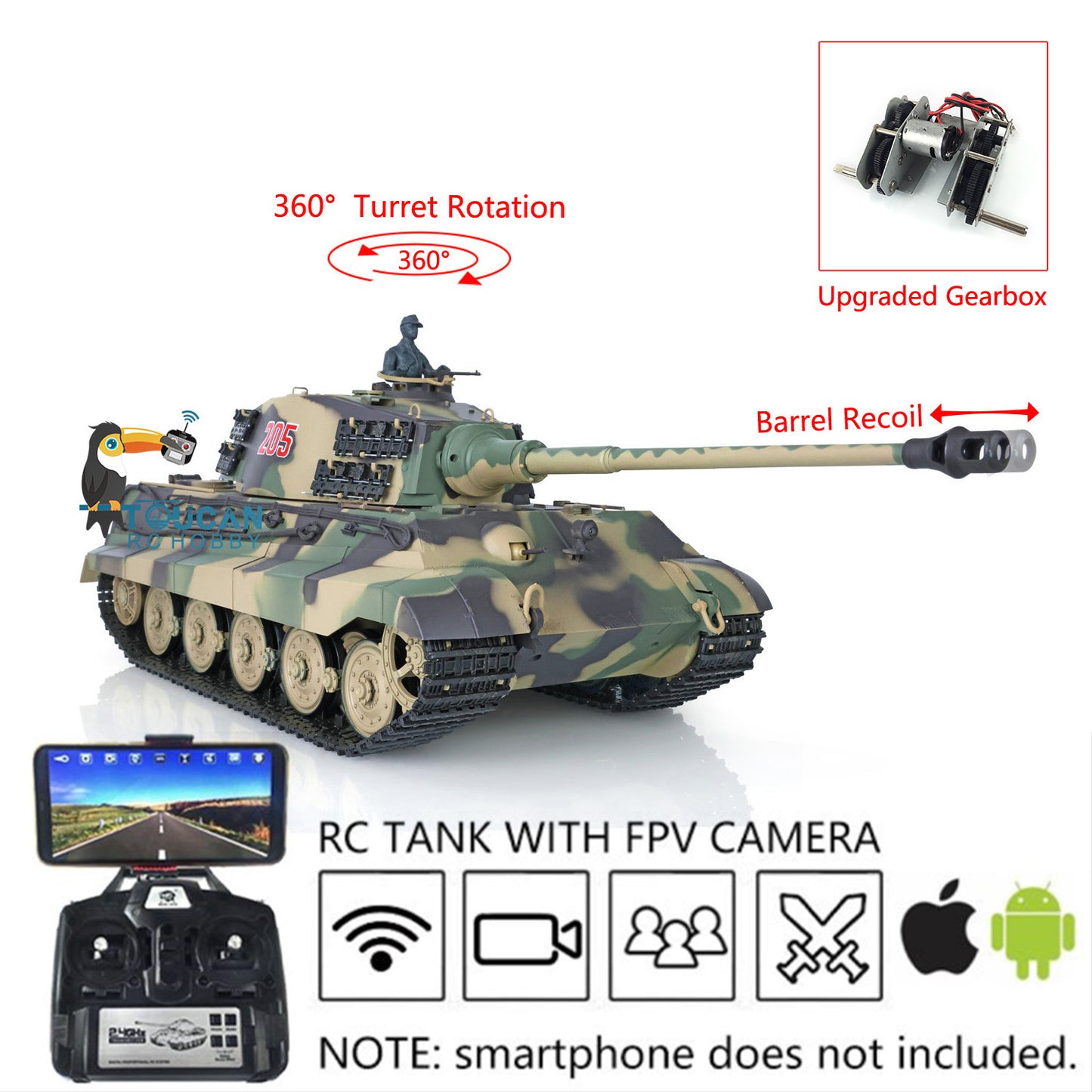 1/16 Henglong TK7.0 RC Tank Model 3888A King Tiger Plastic 2.4G German Tank Model w/ FPV 360 Degrees Rotating Turret Barrel Recoil