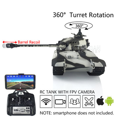 Henglong 1/16 Radio Control Tank TK7.0 King Tiger RC Tank 3888A w/ FPV 360 Degrees Rotating Turret Metal Road Wheels Smoking