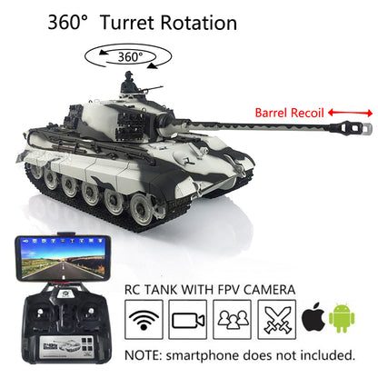 Henglong 1/16 Radio Control Tank TK7.0 King Tiger RC Tank 3888A w/ FPV 360 Degrees Rotating Turret Metal Road Wheels Smoking