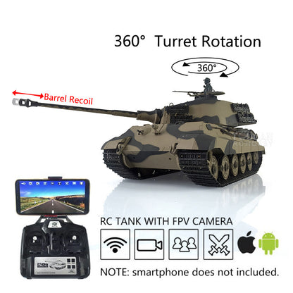 Henglong 1/16 Radio Control Tank TK7.0 King Tiger RC Tank 3888A w/ FPV 360 Degrees Rotating Turret Metal Road Wheels Smoking