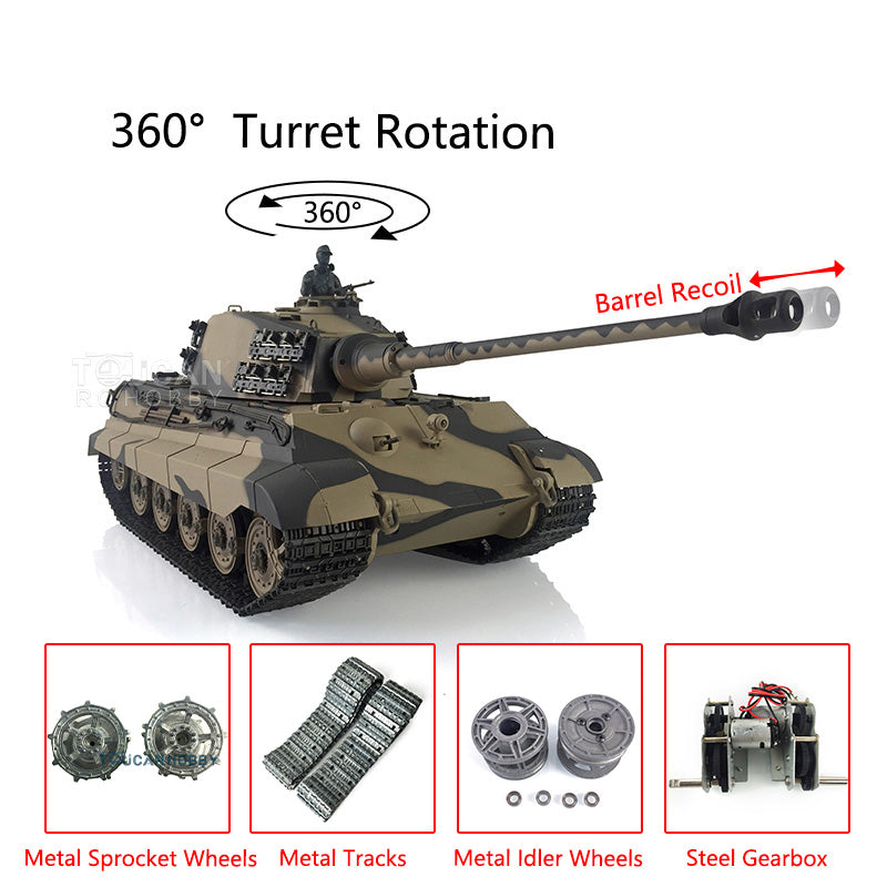 Henglong 1/16 TK7.0 Upgraded King Tiger RC Tank Model 3888A w/ 360 Degrees Rotating Turret Metal Track Idler Sprocket Wheels Smoking