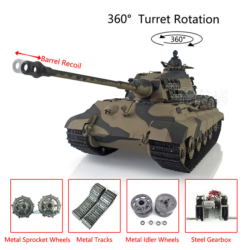 Henglong 1/16 TK7.0 Upgraded King Tiger RC Tank Model 3888A w/ 360 Degrees Rotating Turret Metal Track Idler Sprocket Wheels Smoking