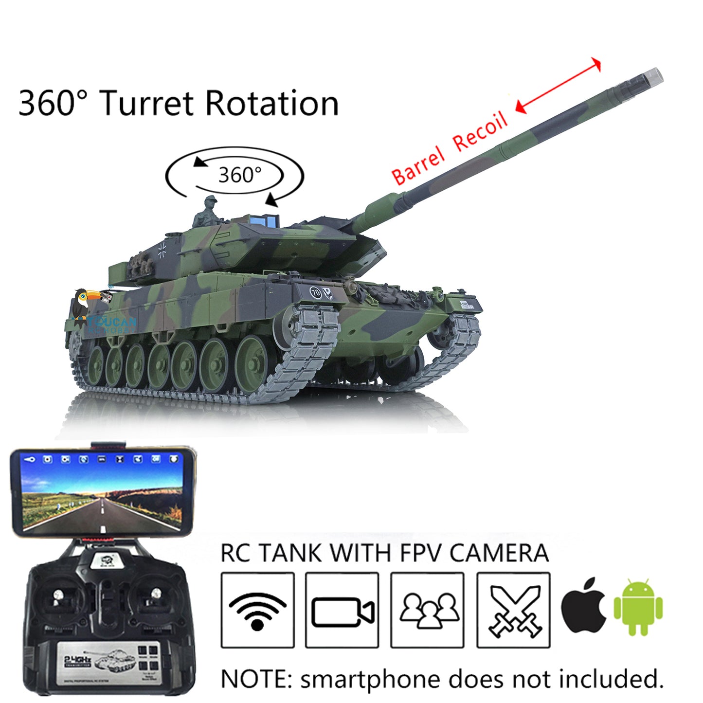 2.4Ghz Remote Control Henglong 1/16 7.0 Upgrade FPV German Leopard2A6 Military RC Battle Tank Model 3889 Festival Gifts Collection