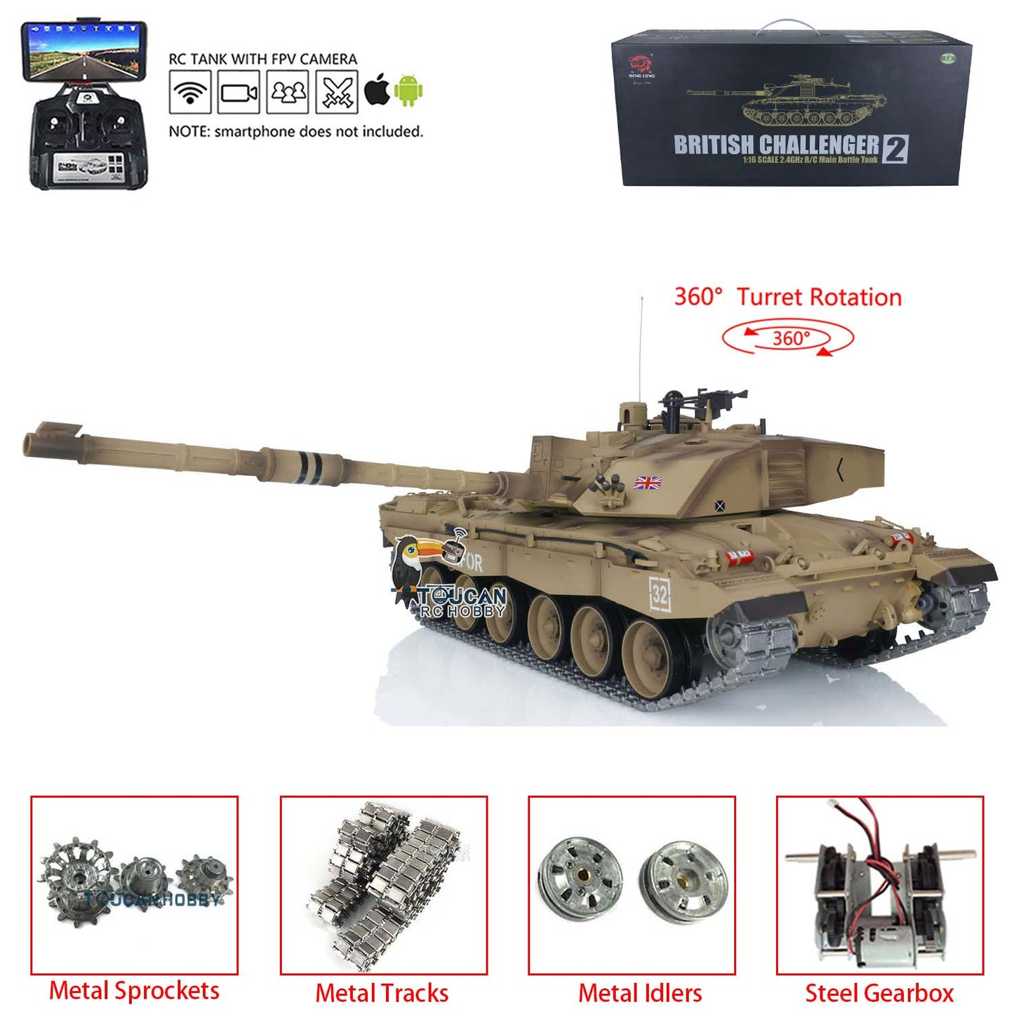 Henglong 7.0 1/16 2.4Ghz Upgrade Edition FPV British Challenger II RTR RC Tank 3908 360 Degrees Turret Chassis Upper Hull Metal Tracks