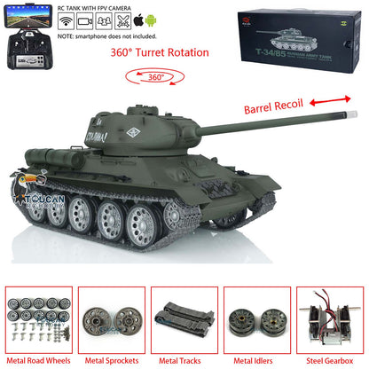 Henglong FPV 1/16 7.0 Soviet T34-85 RTR RC Tank 3909 Model 360 Degrees Turret Barrel Recoil Metal Tracks Wheels Sound Smoke