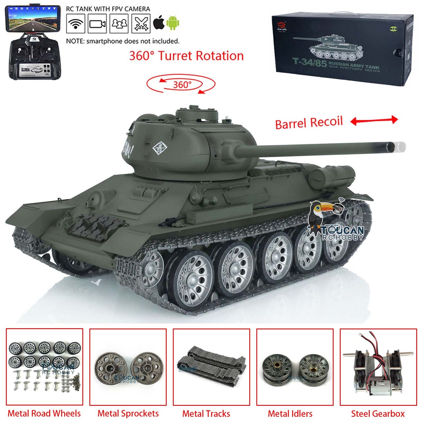 Henglong FPV 1/16 7.0 Soviet T34-85 RTR RC Tank 3909 Model 360 Degrees Turret Barrel Recoil Metal Tracks Wheels Sound Smoke