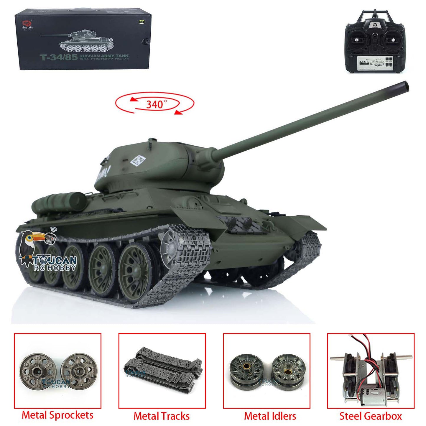 Henglong 7.0 1/16 Scale Soviet T34-85 RTR RC Tank Model 3909 Motor Speaker Gearbox Metal Tracks 340 Turret Battery Infrared Battle