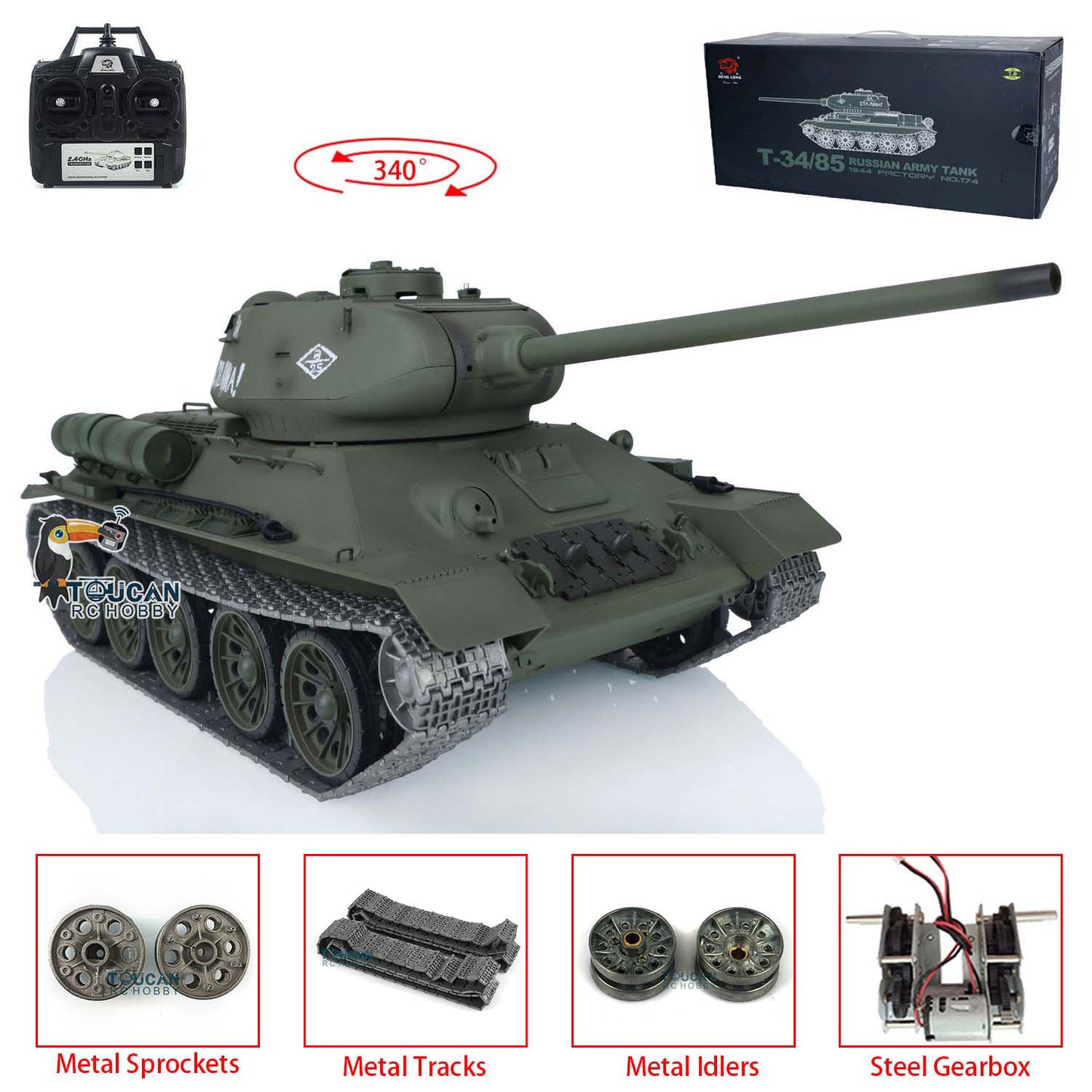 Henglong 7.0 1/16 Scale Soviet T34-85 RTR RC Tank Model 3909 Motor Speaker Gearbox Metal Tracks 340 Turret Battery Infrared Battle