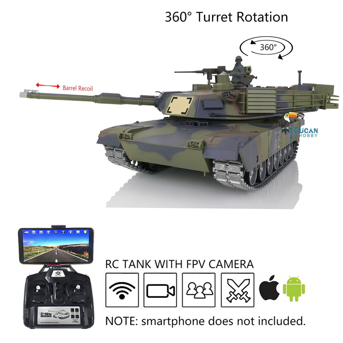 Henglong 1:16 7.0 Customized FPV Abrams M1A2 RTR RC Tank 3918 360 Degrees Rotation Turret Barrel Recoil Metal Tracks Steel Gearbox