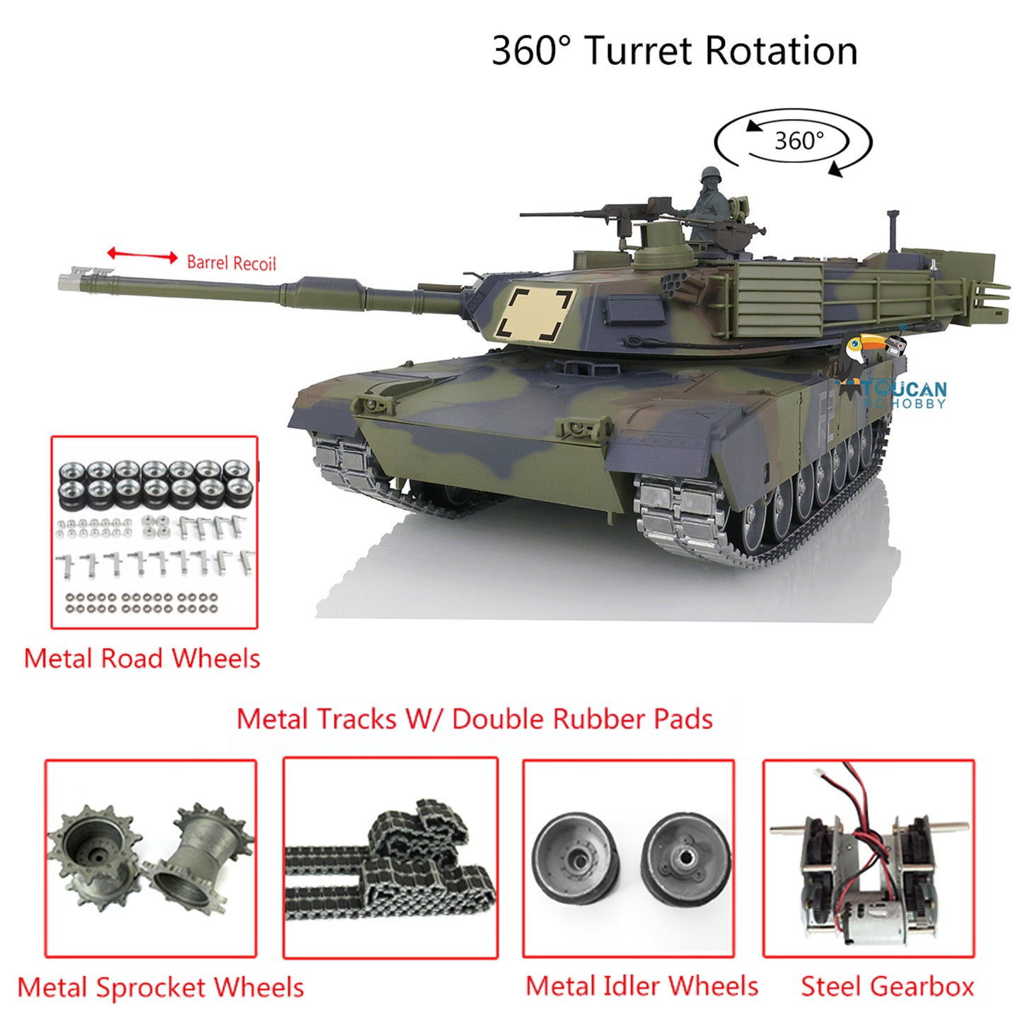 1/16 7.0 Henglong Abrams M1A2 RTR RC Tank 3918 With 360 Degrees Turret Barrel Recoil Metal Tracks Wheels Rubber Pads Model