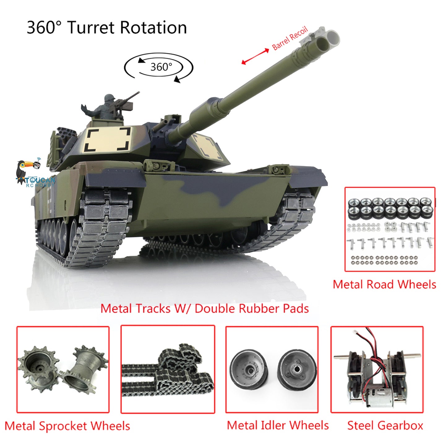 1/16 7.0 Henglong Abrams M1A2 RTR RC Tank 3918 With 360 Degrees Turret Barrel Recoil Metal Tracks Wheels Rubber Pads Model