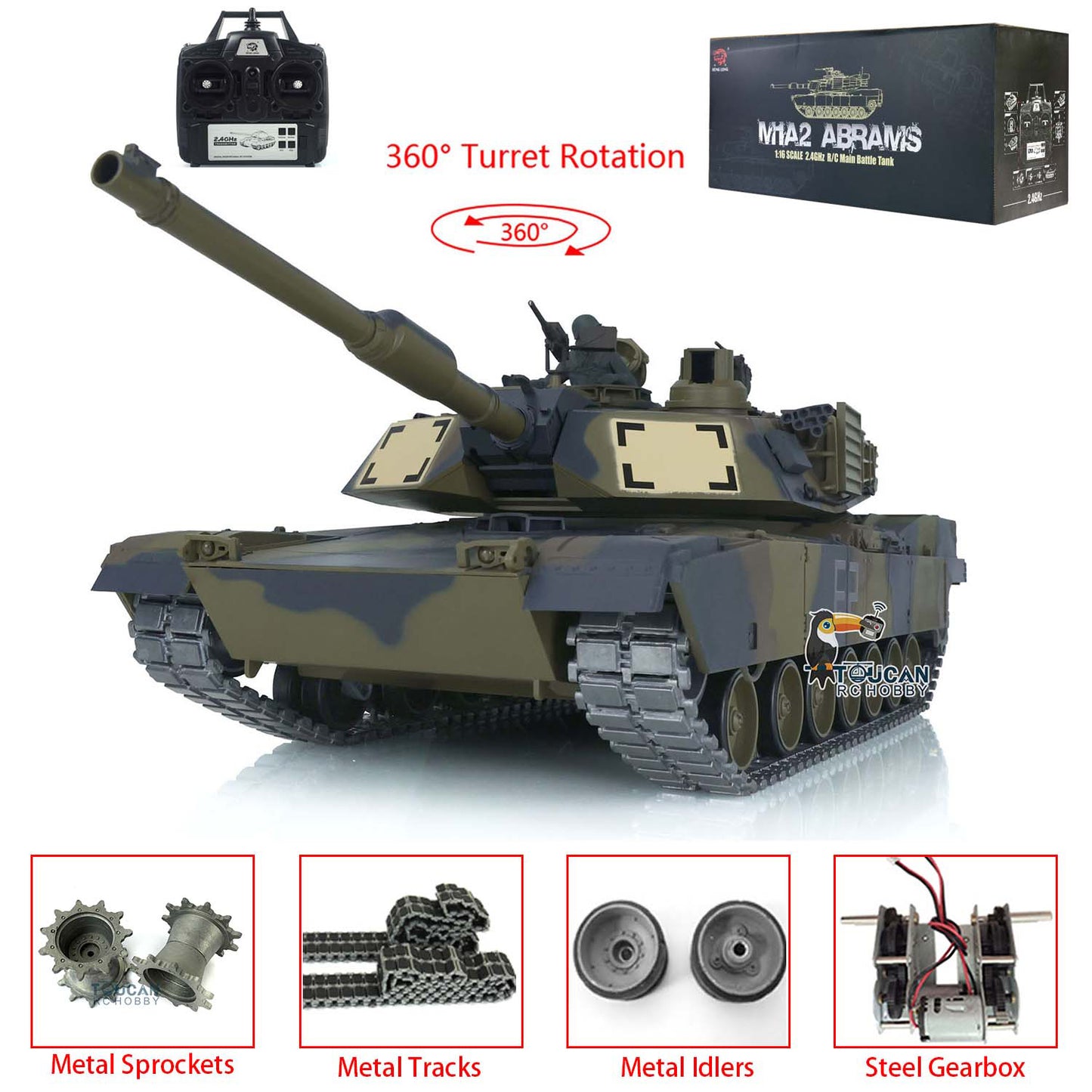 1/16 Scale 7.0 Henglong Upgraded Abrams M1A2 RC Tank RTR 3918 360 Degrees Turret Metal Tracks Rubber Pads Transmitter Main Board