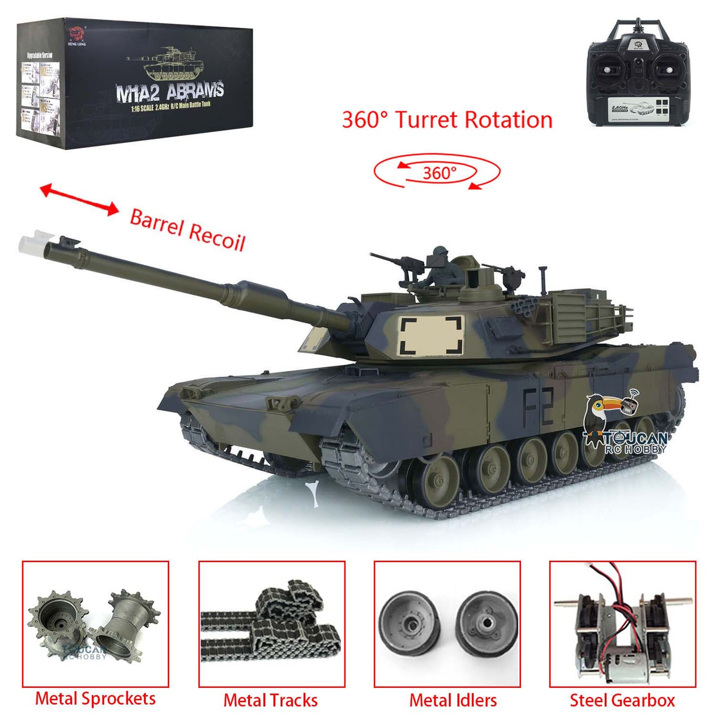 Henglong 7.0 1/16 Scale Abrams M1A2 RTR RC Tank 3918 360 Degrees Turret Metal Tracks Rubber Pads Steel Gearbox Barrel Recoil