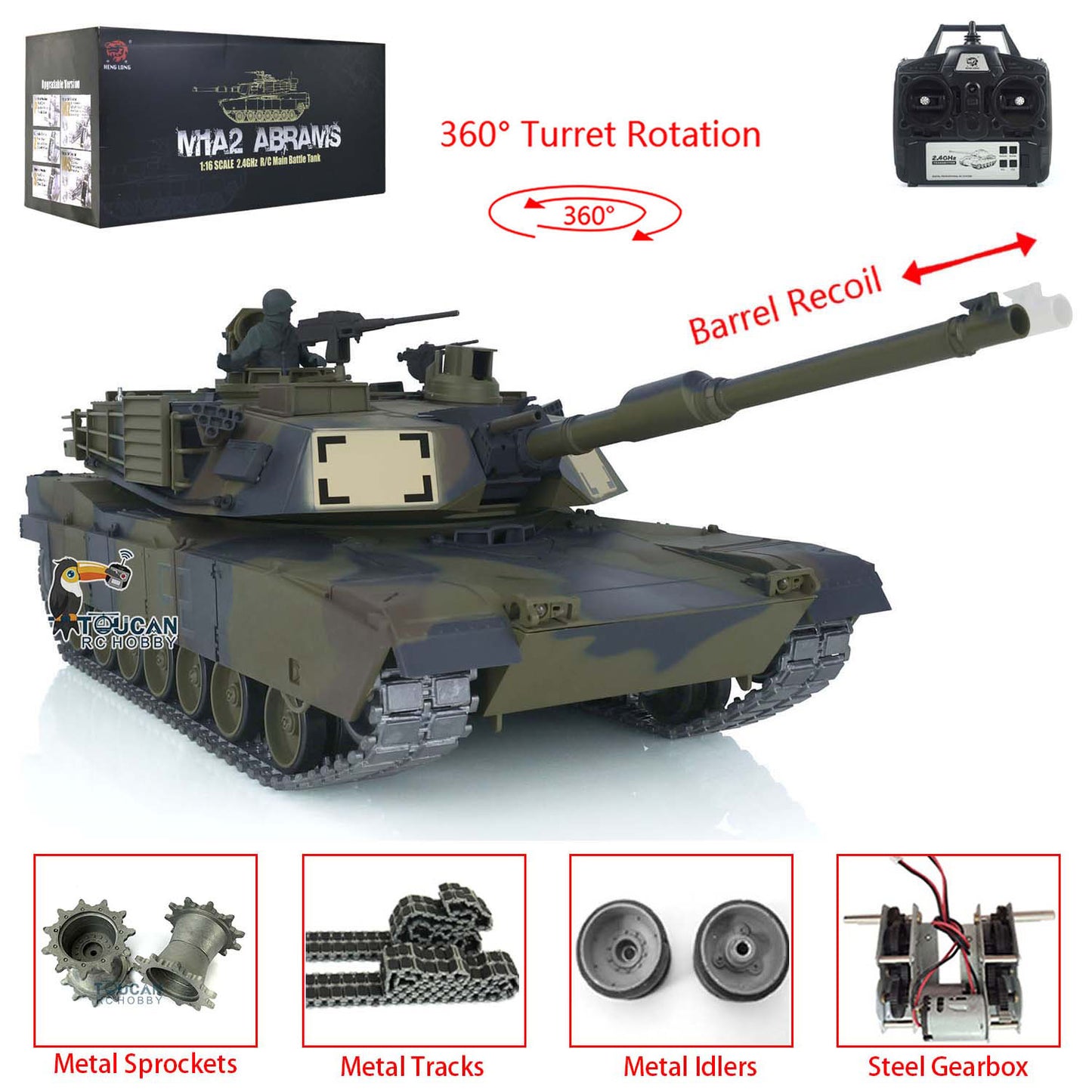 Henglong 7.0 1/16 Scale Abrams M1A2 RTR RC Tank 3918 360 Degrees Turret Metal Tracks Rubber Pads Steel Gearbox Barrel Recoil