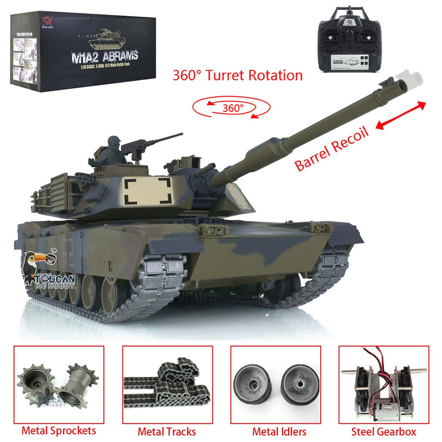 Henglong 7.0 1/16 Scale Abrams M1A2 RTR RC Tank 3918 360 Degrees Turret Metal Tracks Rubber Pads Steel Gearbox Barrel Recoil