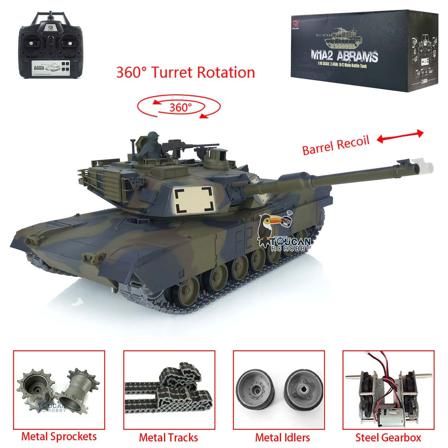 Henglong 7.0 1/16 Scale Abrams M1A2 RTR RC Tank 3918 360 Degrees Turret Metal Tracks Rubber Pads Steel Gearbox Barrel Recoil