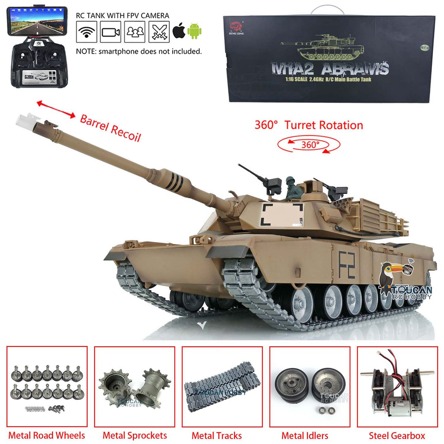 Henglong 1:16 7.0 Customized FPV Abrams M1A2 RTR RC Tank 3918 360 Degrees Rotation Turret Barrel Recoil Metal Tracks Steel Gearbox