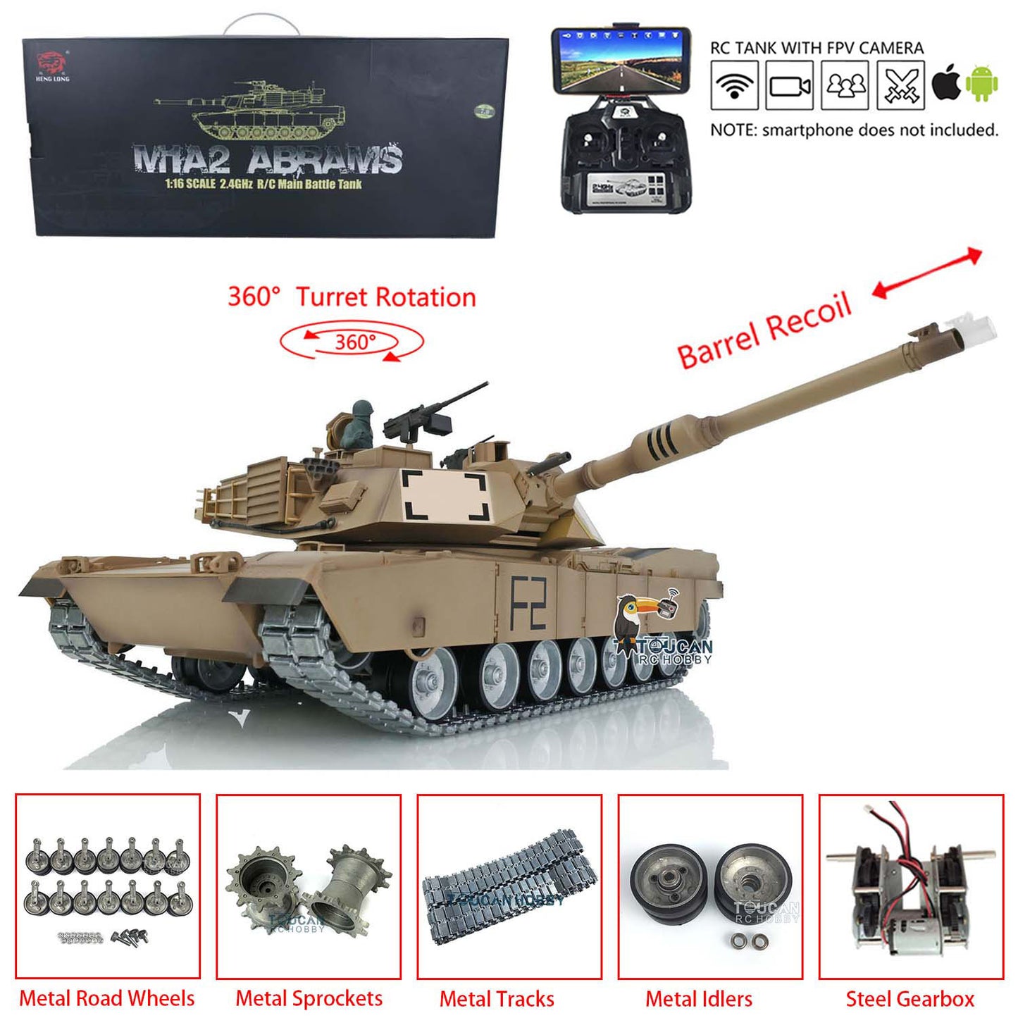 Henglong 1:16 7.0 Customized FPV Abrams M1A2 RTR RC Tank 3918 360 Degrees Rotation Turret Barrel Recoil Metal Tracks Steel Gearbox