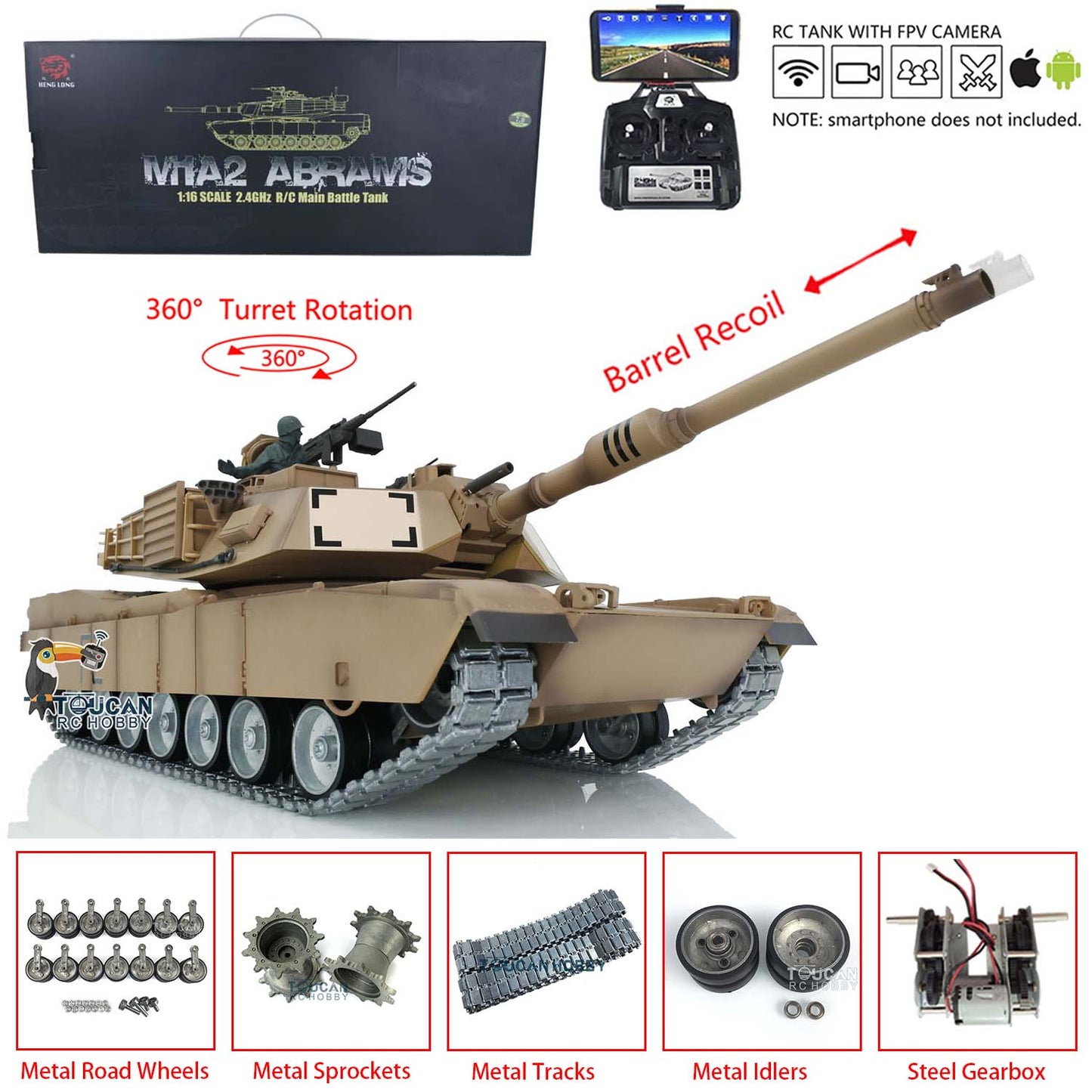 Henglong 1:16 7.0 Customized FPV Abrams M1A2 RTR RC Tank 3918 360 Degrees Rotation Turret Barrel Recoil Metal Tracks Steel Gearbox