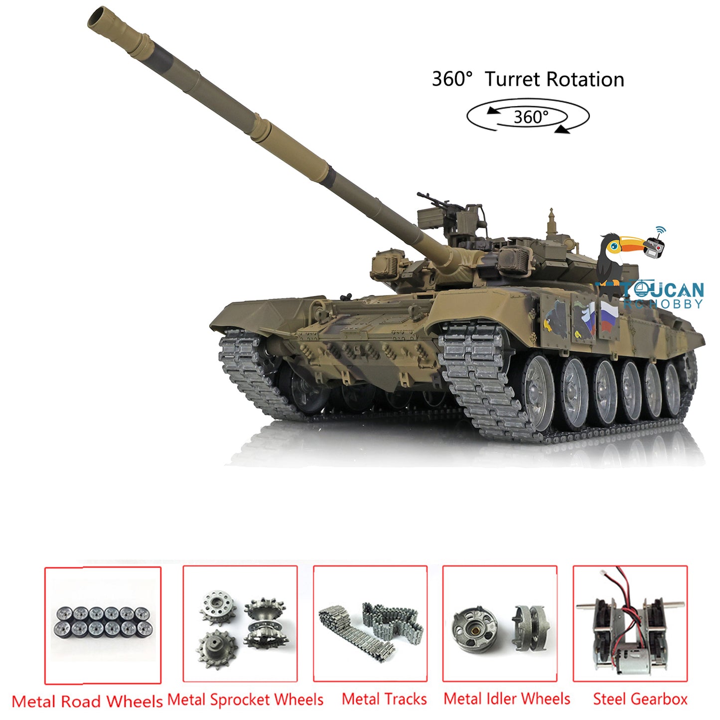 Henglong 7.0 Customized Russian T90 1/16 RC Tank RTR 3938 360 Degrees Turret Metal Tracks Wheels Steel Gearbox Speaker