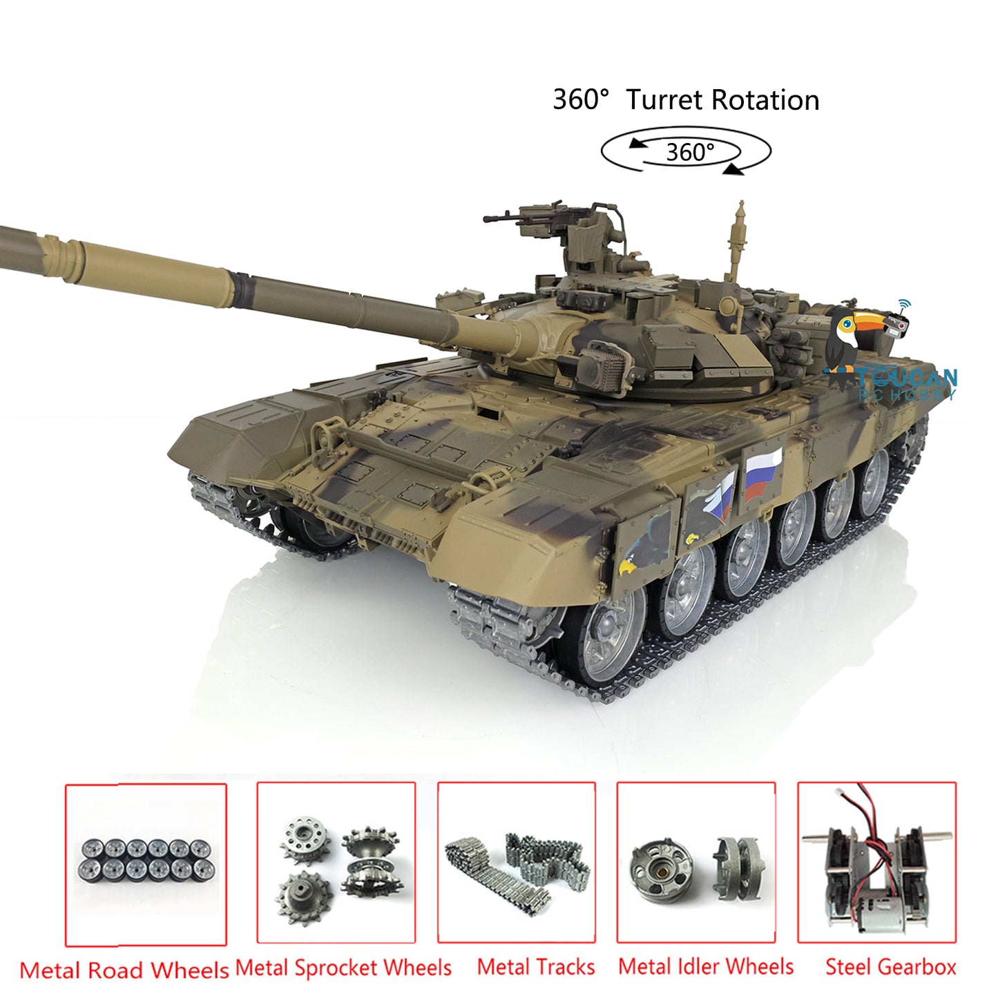 Henglong 7.0 Customized Russian T90 1/16 RC Tank RTR 3938 360 Degrees Turret Metal Tracks Wheels Steel Gearbox Speaker