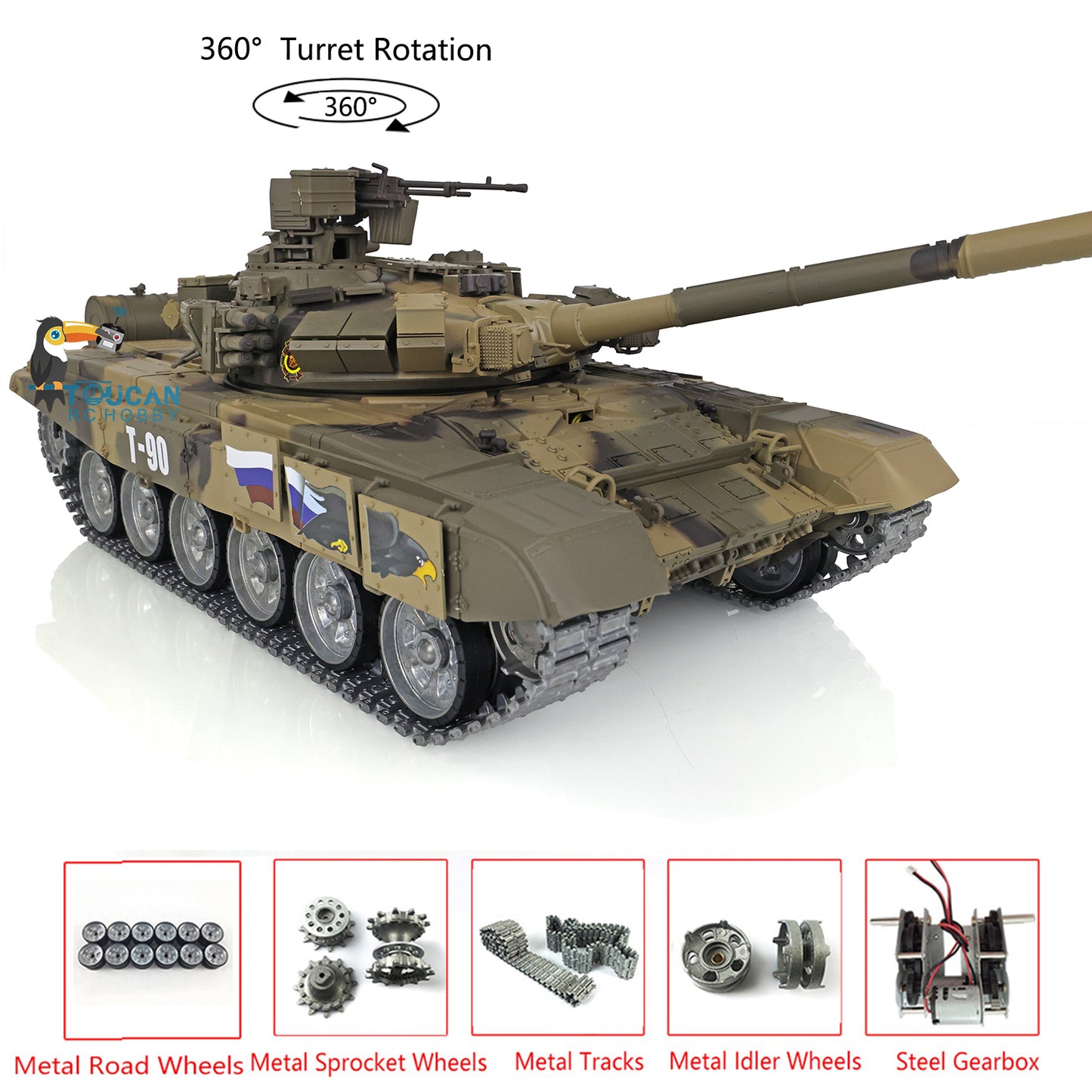 Henglong 7.0 Customized Russian T90 1/16 RC Tank RTR 3938 360 Degrees Turret Metal Tracks Wheels Steel Gearbox Speaker