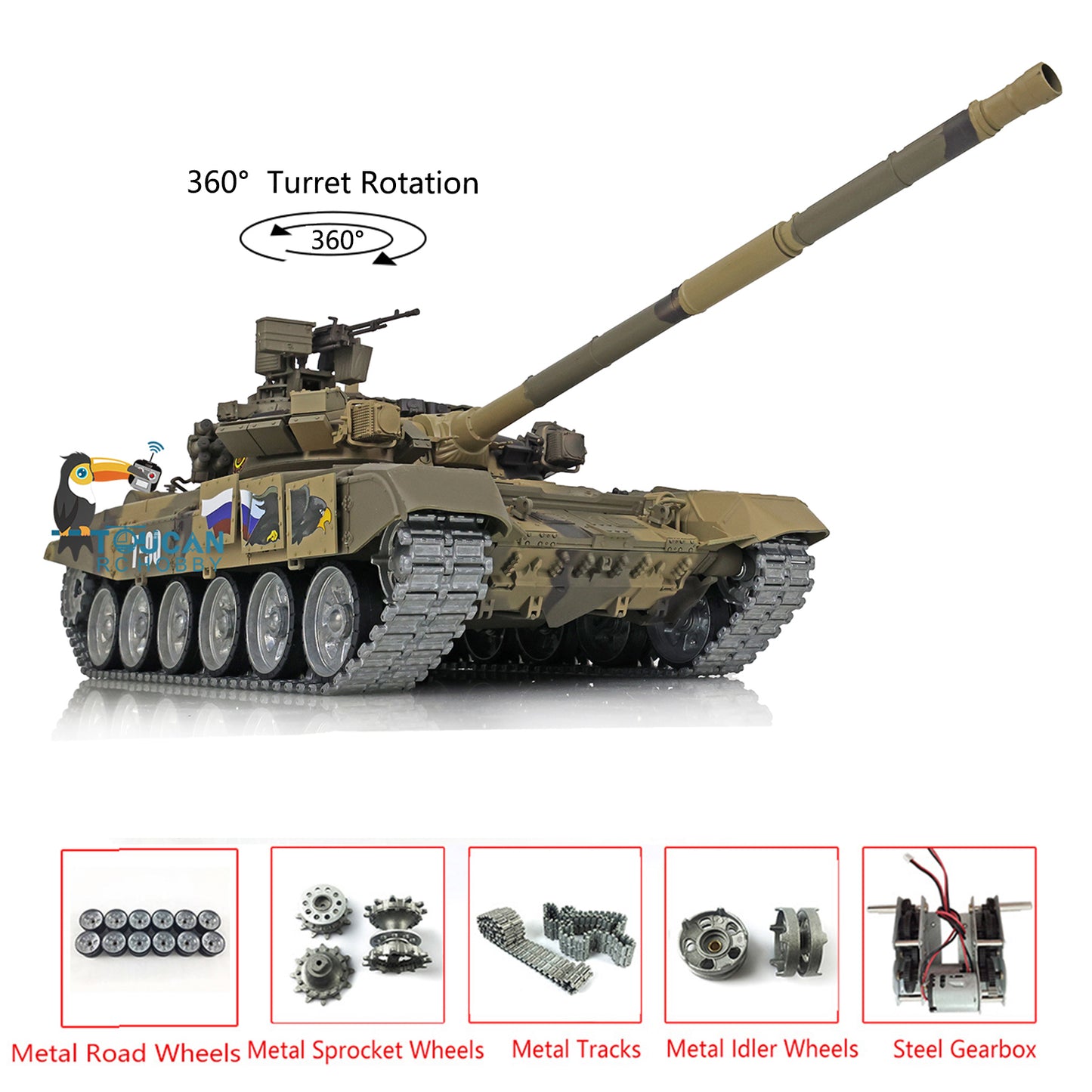 Henglong 7.0 Customized Russian T90 1/16 RC Tank RTR 3938 360 Degrees Turret Metal Tracks Wheels Steel Gearbox Speaker