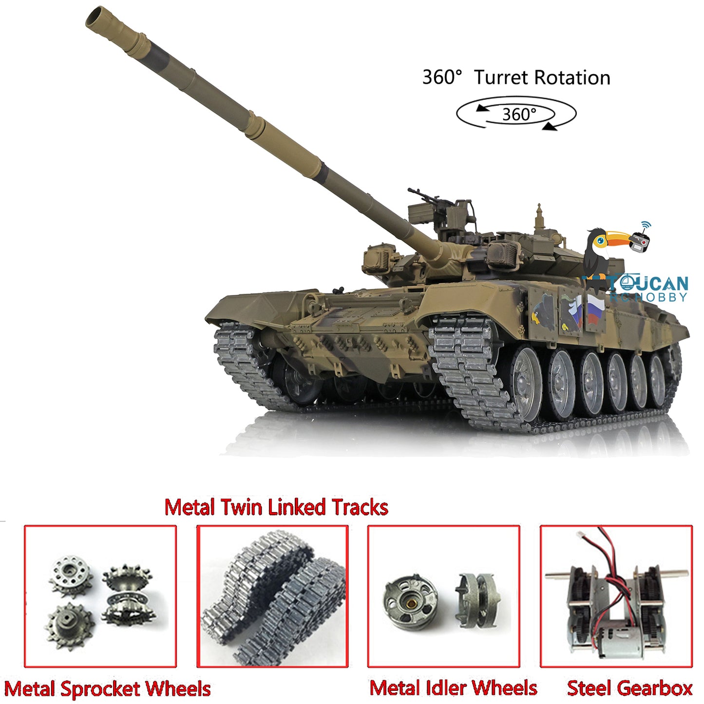 Henglong 7.0 Russian T90 1/16 RC Tank RTR 3938 360 Degrees Turret Metal Tracks With Linkages Wheels Steel Gearbox Battery Charger