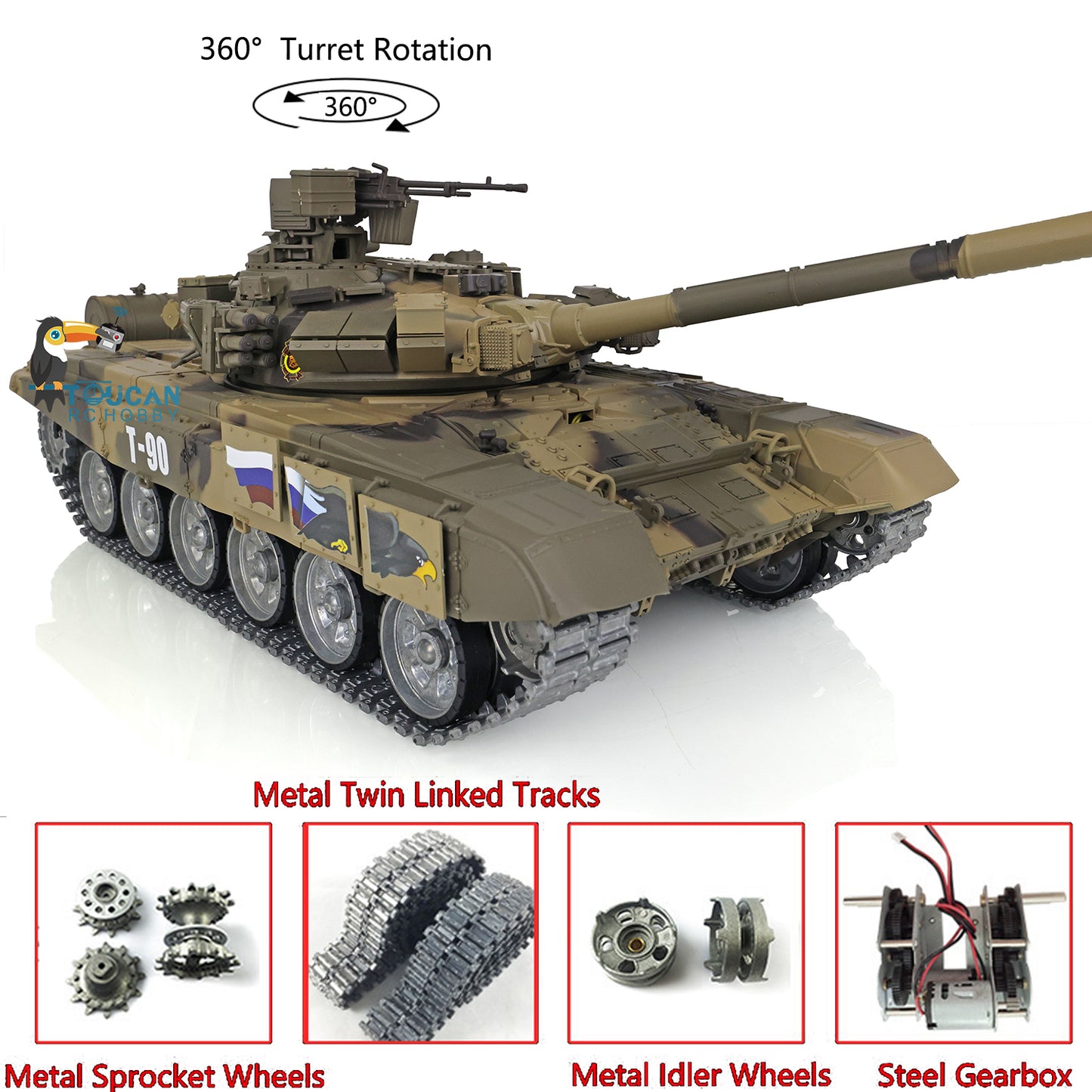 Henglong 7.0 Russian T90 1/16 RC Tank RTR 3938 360 Degrees Turret Metal Tracks With Linkages Wheels Steel Gearbox Battery Charger